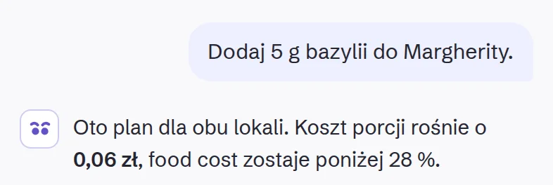 Prośba „Dodaj 5 g bazylii do Margherity.” i odpowiedź Owlly.