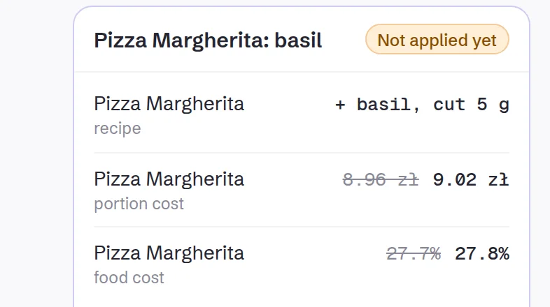 The plan: recipe, portion cost 8.96 → 9.02 zł, food cost 27.7 → 27.8%.