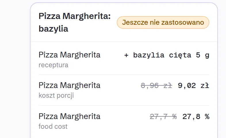 Plan: receptura, koszt porcji 8,96 → 9,02 zł, food cost 27,7 → 27,8 %.