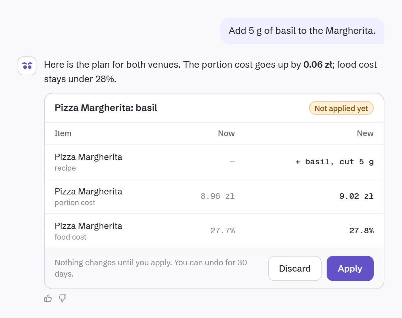 The request “Add 5 g of basil to the Margherita.” and the plan: recipe, portion cost 8.96 → 9.02 zł, food cost 27.7 → 27.8%, Discard and Apply.