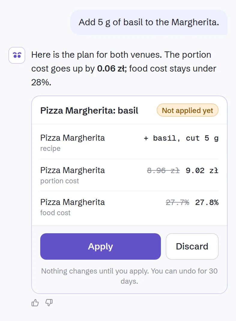 The Owlly assistant on the phone: the request “Add 5 g of basil to the Margherita.” and the plan with the Apply button.