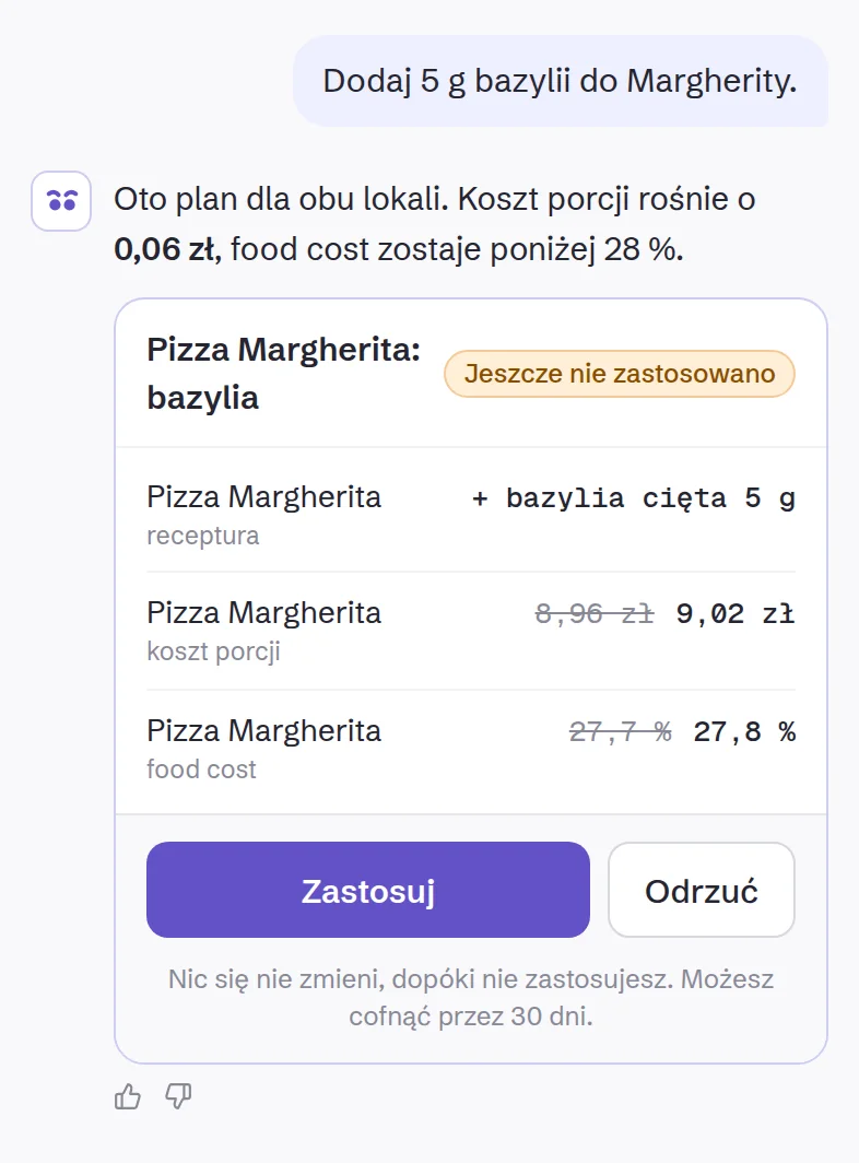 Asystent Owlly w telefonie: prośba „Dodaj 5 g bazylii do Margherity.” i plan z przyciskiem Zastosuj.
