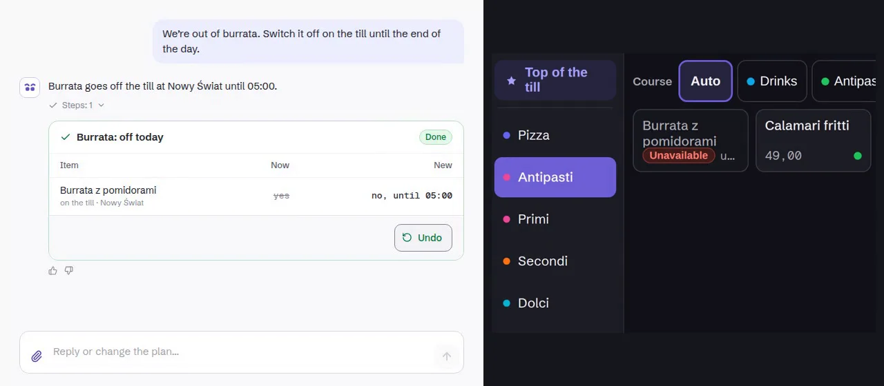 The Owlly assistant: the request “We’re out of burrata. Switch it off on the till until the end of the day.”, the plan, Apply, and on the Owlly till burrata turns unavailable.