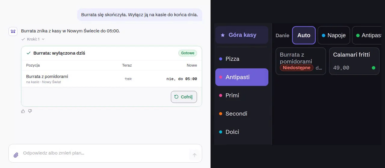 Asystent Owlly: prośba „Burrata się skończyła. Wyłącz ją na kasie do końca dnia.”, plan, Zastosuj, a na kasie Owlly burrata staje się niedostępna.