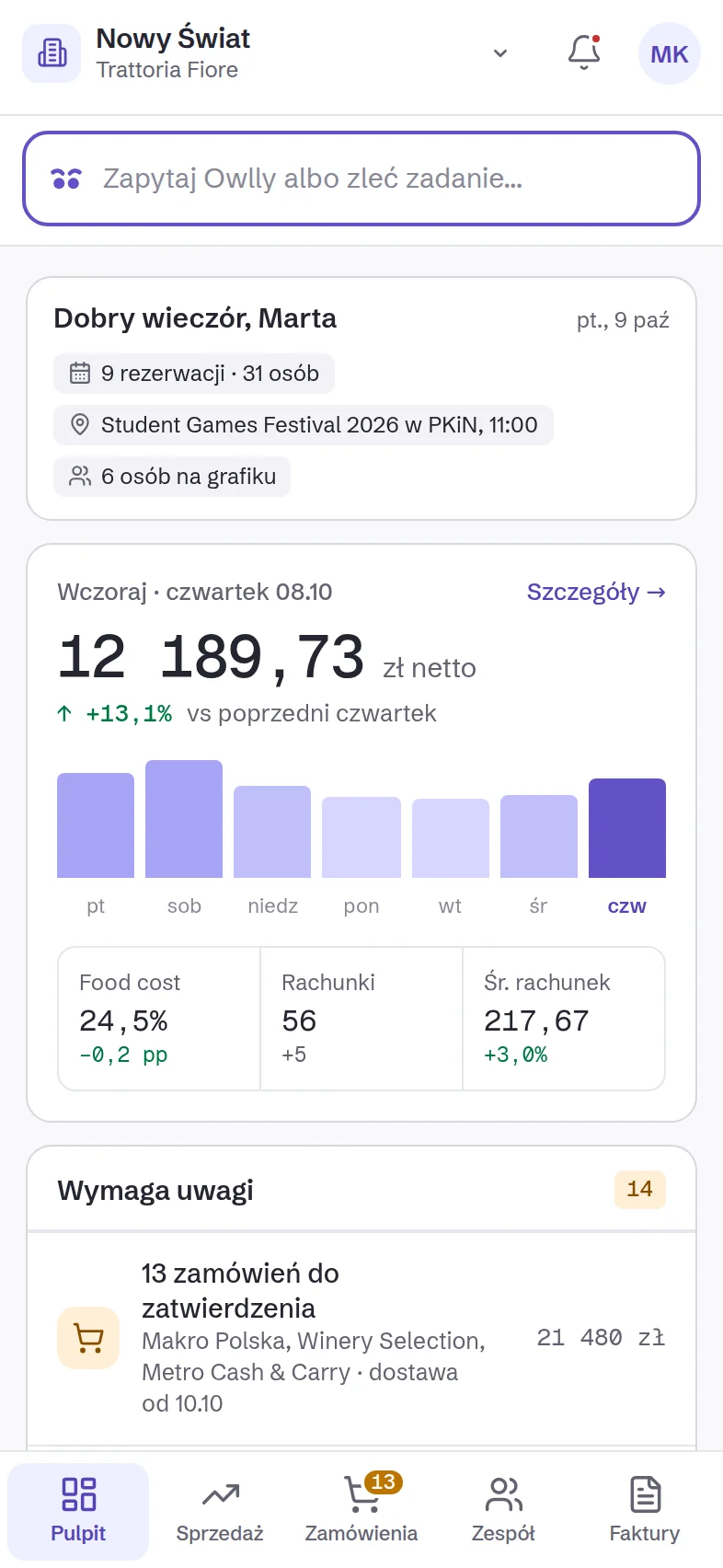 Pulpit w telefonie z polem „Zapytaj Owlly albo zleć zadanie” na górze.