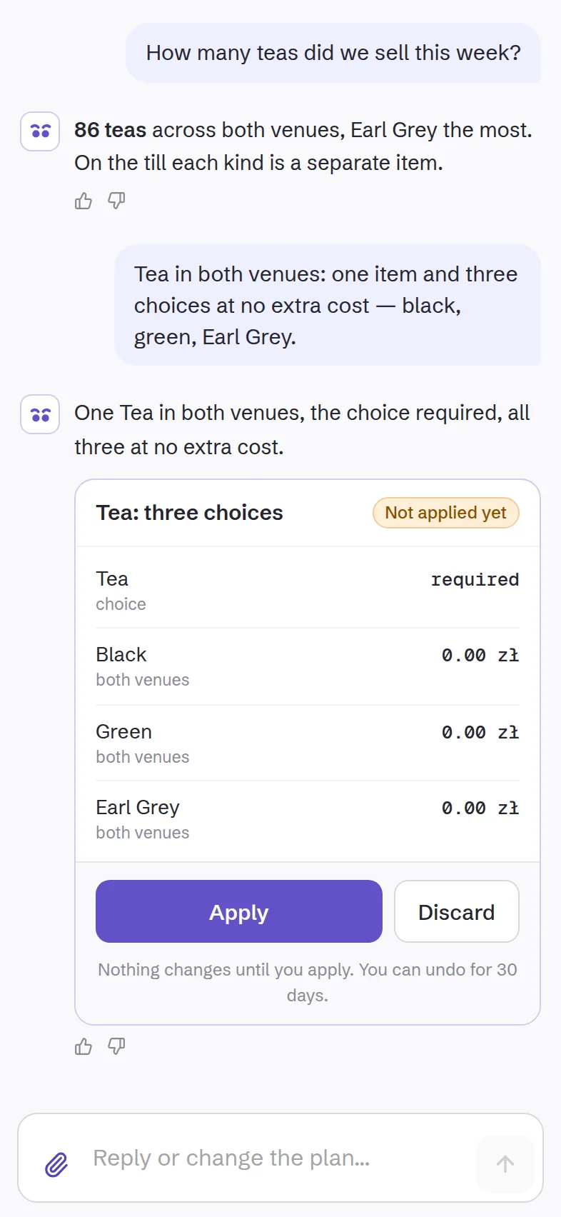 A plan on the phone: Tea with three choices at no extra cost, and the Apply button.