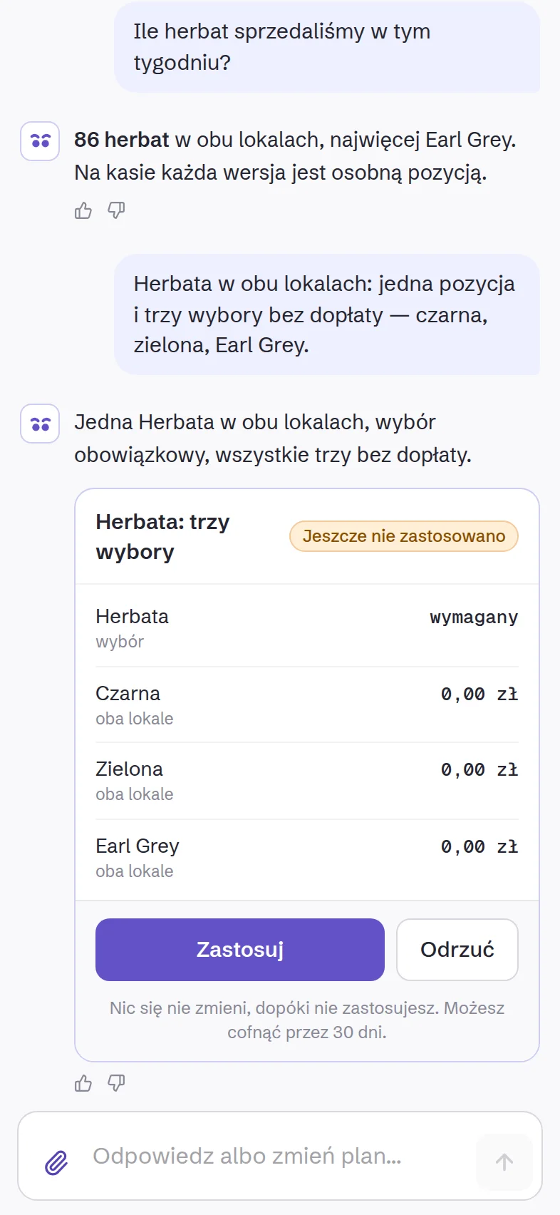 Plan w telefonie: Herbata z trzema wyborami bez dopłaty i przycisk Zastosuj.