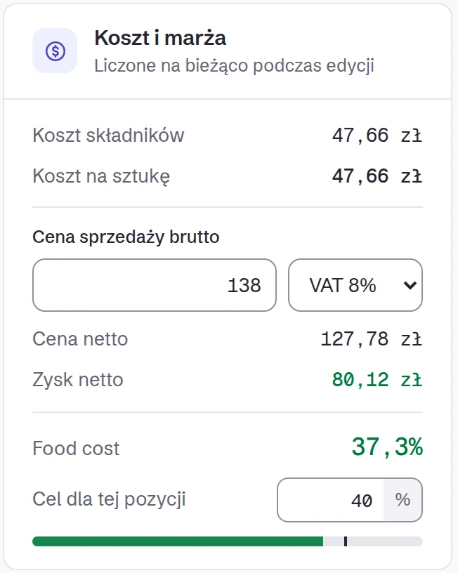 Receptura w Owlly: składniki wycenione z faktur, food cost i zysk netto