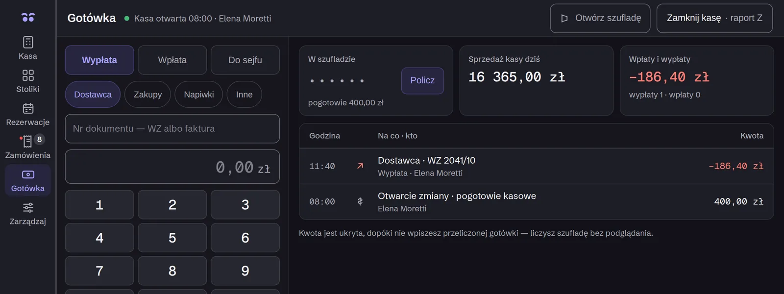 Gotówka w kasie Owlly: pogotowie 400 zł i wypłata 186,40 zł dla dostawcy za WZ