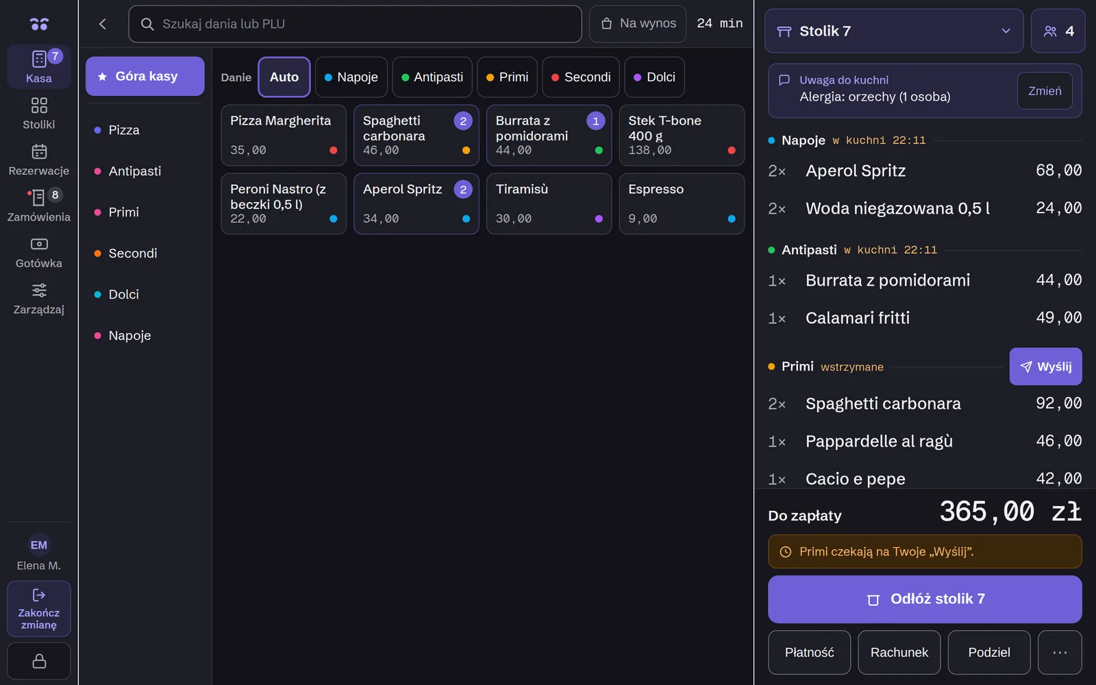 Ekran zamówienia w kasie Owlly: dania w kategoriach i rachunek stolika 7 z wstrzymanym kursem Primi