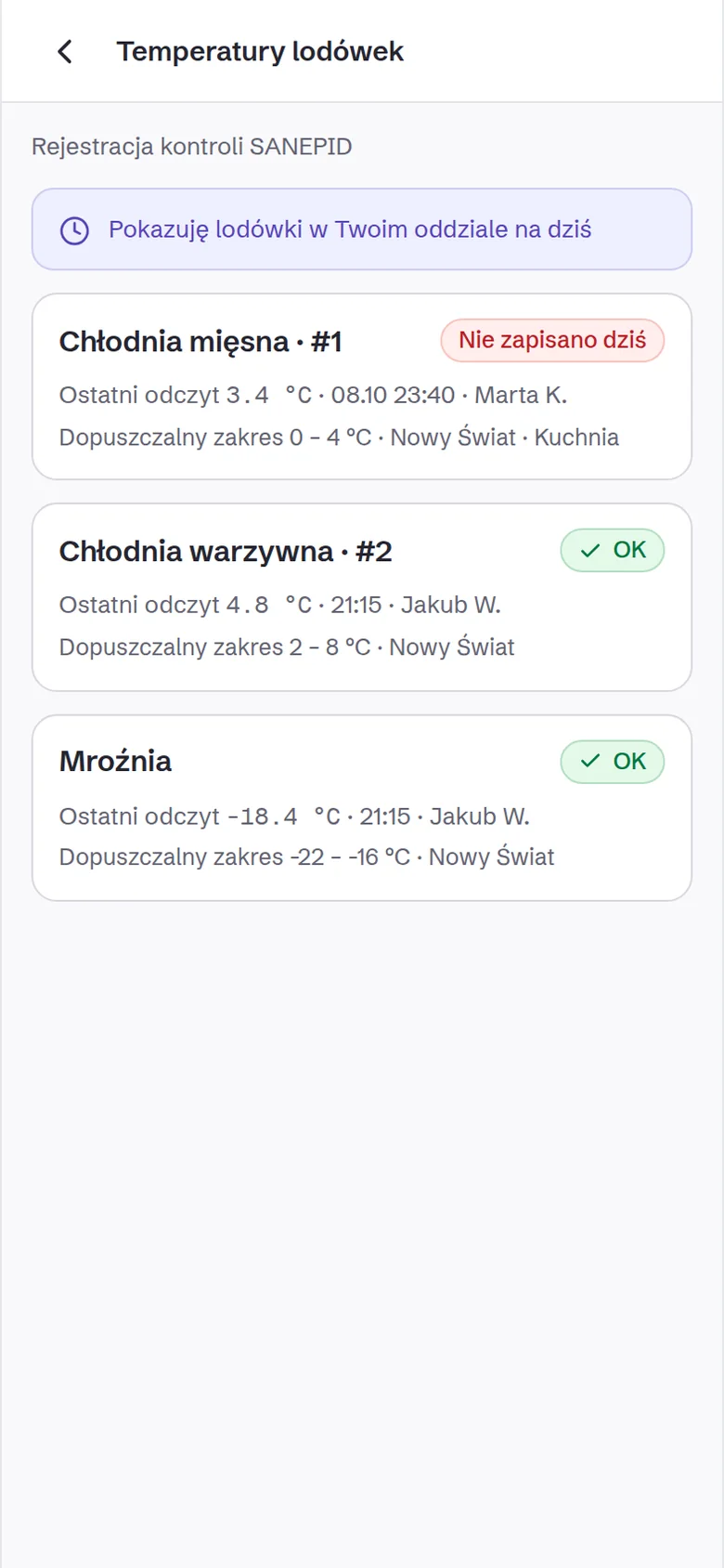 Owlly Staff: temperatury lodówek, ostatni odczyt i dopuszczalny zakres