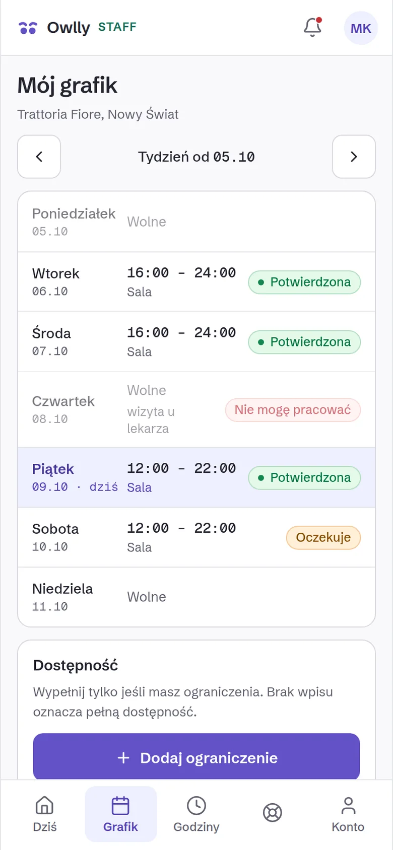 Owlly Staff: grafik pracownika na tydzień, z dzisiejszą zmianą i dniem wolnym