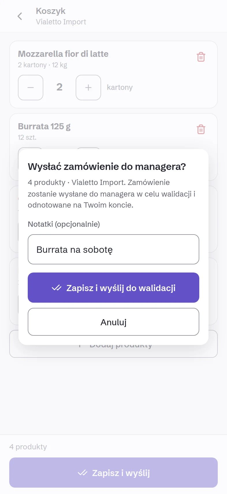 Owlly Staff: kucharz wysyła zamówienie do Vialetto Import kierownikowi, z notatką „Burrata na sobotę”, bez cen